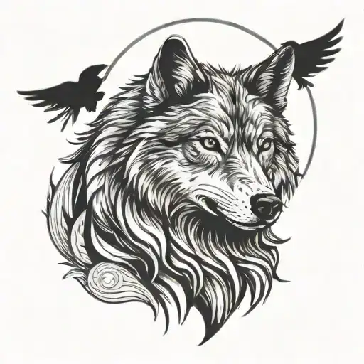 Wolf Outline With Raven And Moon