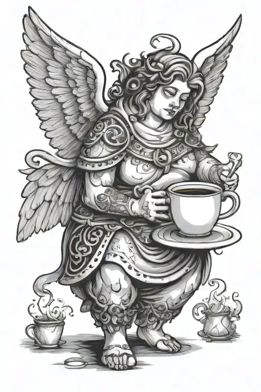 Fat Angel Have A Overthinkg And Hold Some Coffee Cup