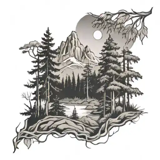 Large Trees In Wooded Forest With Mountains In The Background