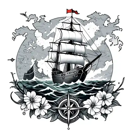 Pirate Map With Ship Sailing Through Stormy Seas Surrounded By Flower And Compass