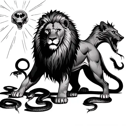 Wounded Lion Standing With Dead Snakes And Hyenas Around Him With A Glow Coming From The Sky