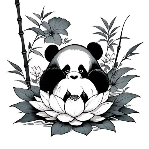 Lotus Flower And Bamboo With Panda