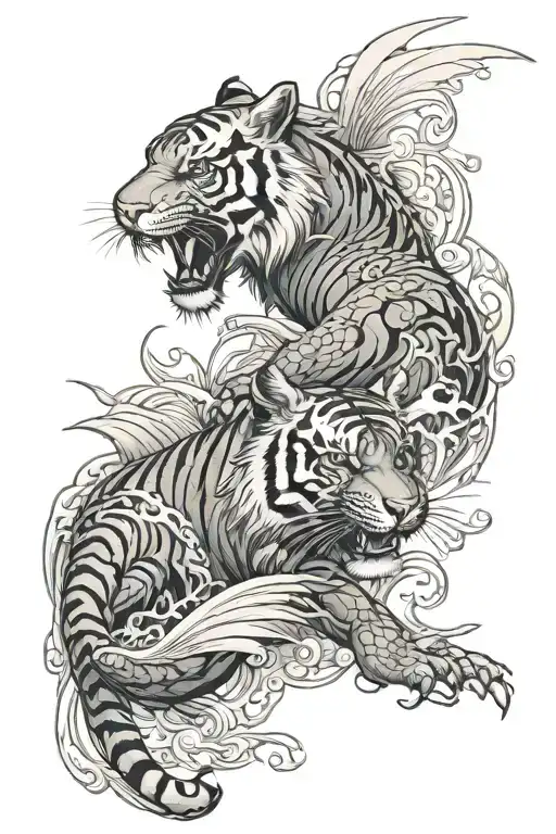 Tiger And Dragon Fly On Ocean Waves