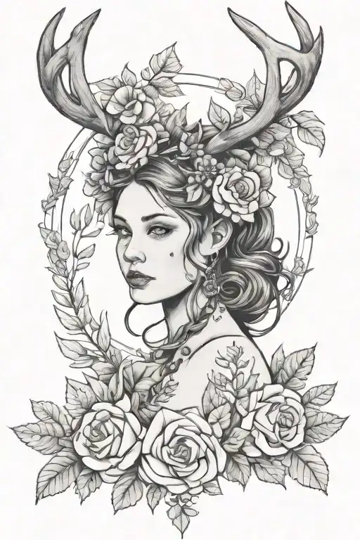 A Girl With Deer Antlers And A Wreath Of Flowers