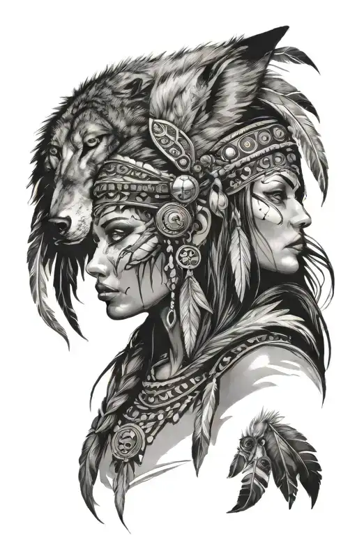Shaman Woman With Wolf Head Adornment And Feather
