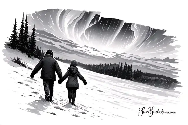 Aurora Borealis Over Son And Daughter Walking