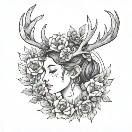 A Girl With Deer Antlers And A Wreath Of Flowers