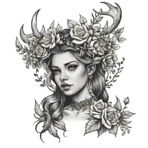 A Girl With Deer Antlers And A Wreath Of Flowers