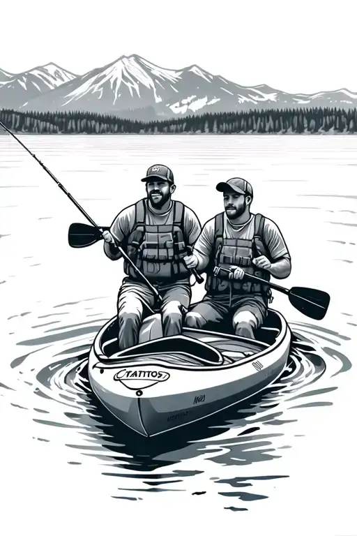 Two Guys Fishing For Bass And Walleye On Kayaks On A Lake With Mountains In The Background