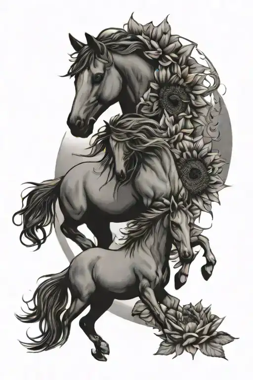 Crescent Moon Two Horses Sunflowers Ocean