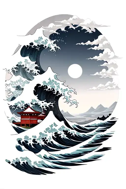 Japanese Wave With Sunset And Japanese Buildings