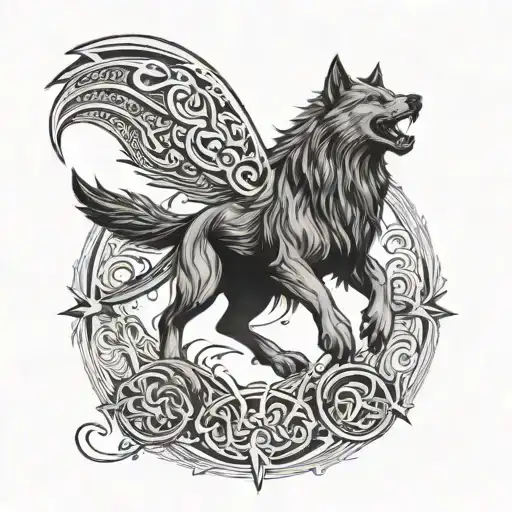 Fenrir Norse Mythical And Ravens Flying Overhead