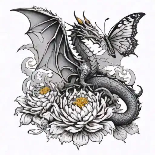 Dragon And Butterfly And Chrysanthemum Flower