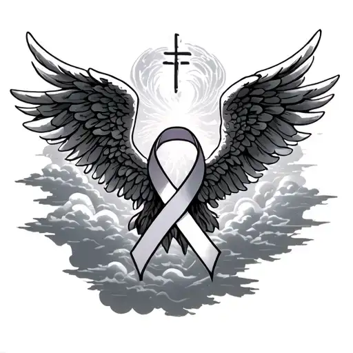 Angels Crosses And Cancer Ribbon With Clouds As A Background