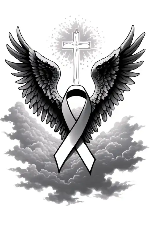 Angels Crosses And Cancer Ribbon With Clouds As A Background