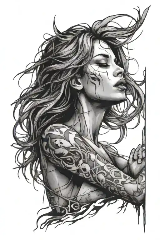 Broken Woman With Hands Up Praising In Freedom Standing