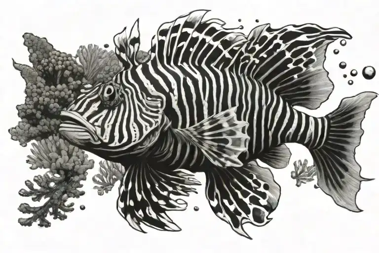 Lion Fish Swimming In Bubbles And Coral Reef