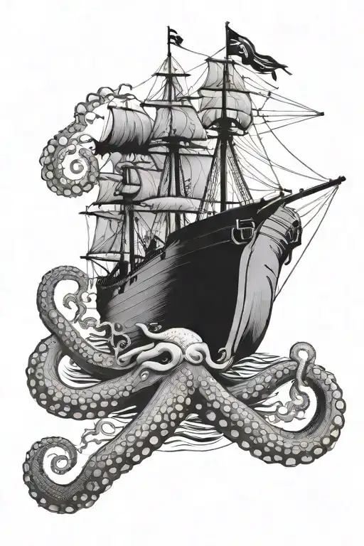 Ship At Sea With Octopus Breaking Apart