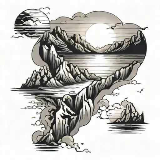 Mountains Looking Like They're Falling Apart Into The Sea At Sunset