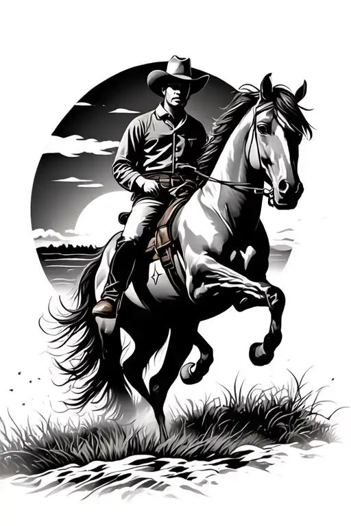 Cowboy Riding Horse Backinto Sunset