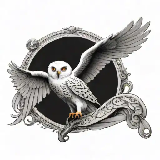 Flying Snowy Owl Hedwig With Scroll In The Claw And A Felix Felicis Drinking From The Other Claw