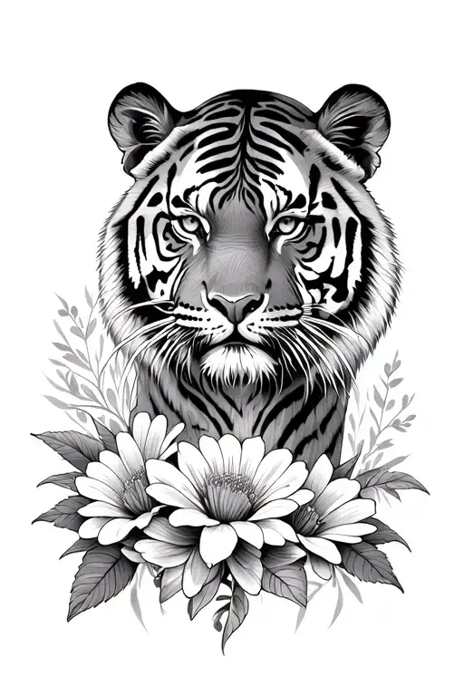 Tigerhead One Half Young Tiger One Half Big Tiger And Around Flowers