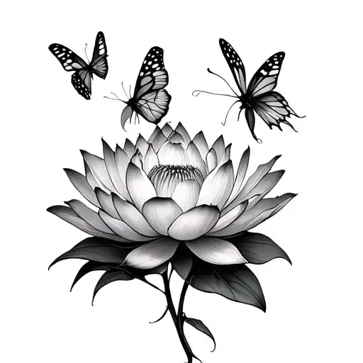 Lotus Flower With Butterflies Flying