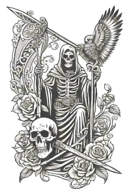 Santa Muerte With Scythe And Owl