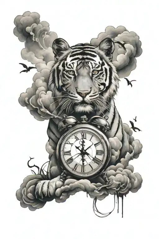 Cloud Background With Girl And Clock And Tiger Emerging