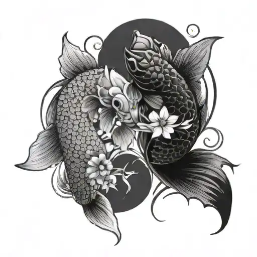 Two Koi Fish Yin Yang With Locust Flower Black And White