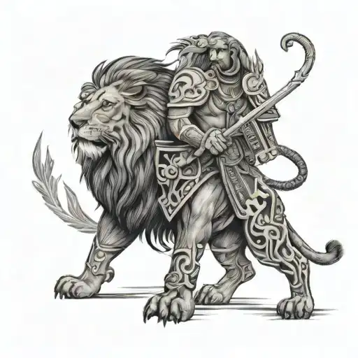 Lion With Apartan Warrior Standing
