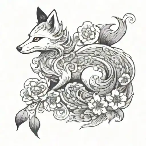 Nine Tailed Fox Flying In Flowers