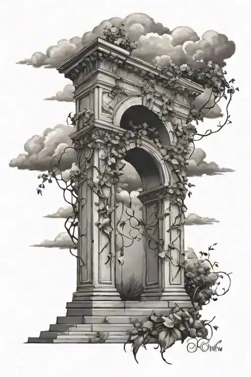 Roman Arch Monument With Storm Clouds And Vines Wrapping