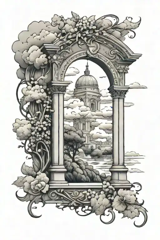 Roman Arch Monument With Storm Clouds And Vines Growing And Compass Points