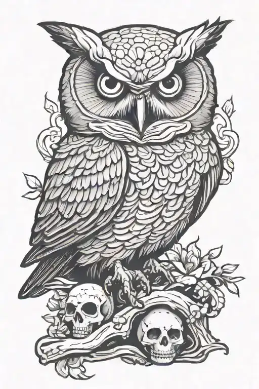 Angry Owl Perched On Skull
