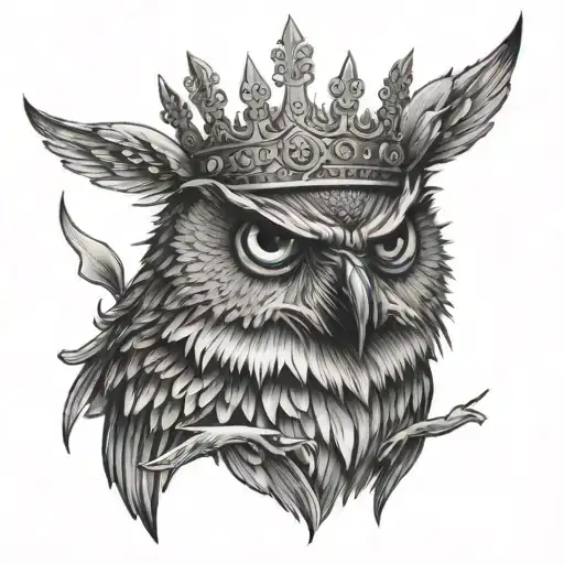 Angry Owl Perched On Skull Wearing A Crown