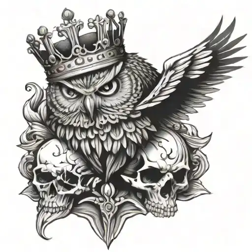 Angry Owl Perched On Skull Wearing A Crown