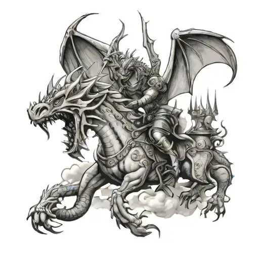 Medieval Battle With Castle And Dragon