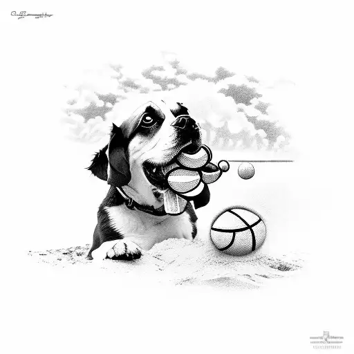 A Dog Holding A Beach Tennis Ball In Its Mouth