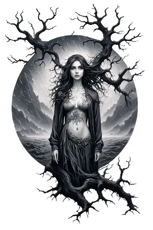 A Surreal Dark Fantasy Scene With A Beautiful Woman Standing In Stormy Dreamscape With Twisted Trees