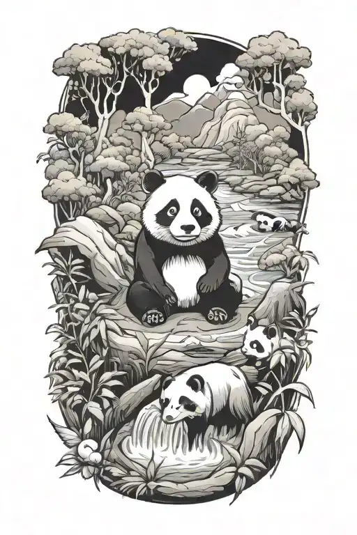 A Nature Scene Featuring River And Well And Wolf Featuring Panda Playing Video Games