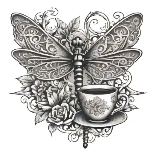 The Phrase 'In Omnia Paratus' Entwined To Form A Dragonfly Holding An Umbrella And A Cup Of Coffee