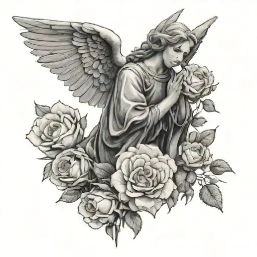 A Black And Grey Portrait Of A Guardian Angel Watching Over A Field Of Roses