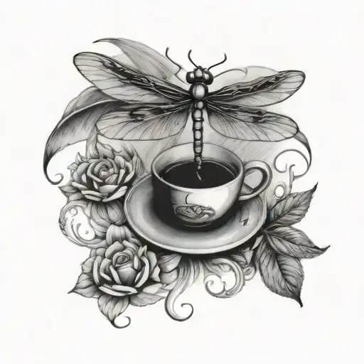 The Phrase 'In Omnia Paratus' With A Dragonfly Holding An Umbrella And A Cup Of Coffee