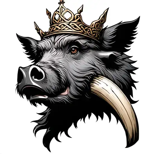 Boar With Tusk And Celtic Knots Wearing A Crown Front View