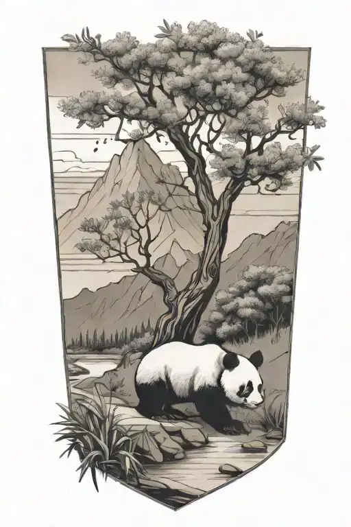 Landscape In A Triangle With A River Horizontally An Olive Tree A Panda