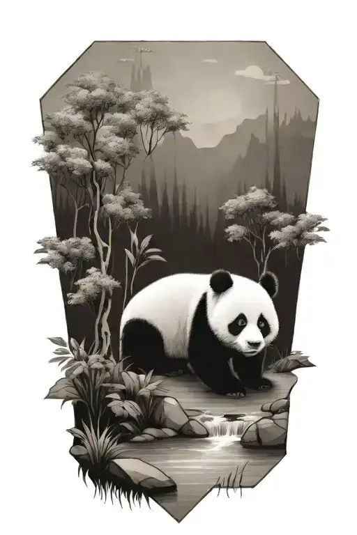 Landscape In A Triangle With A River Horizontally Trees A Baby Panda