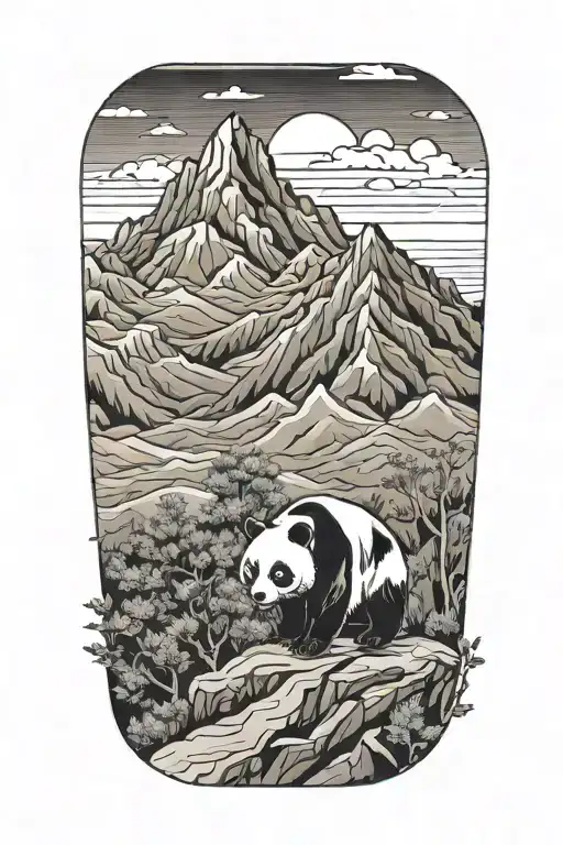 Minamilist Geometric Mountains With Panda And Olive Tree