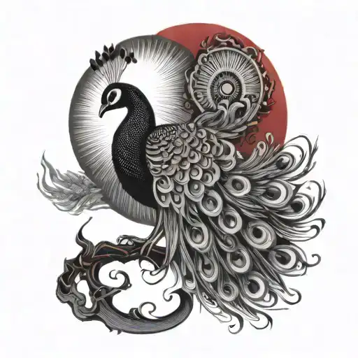 Big Red Sun As Canvas An A Small Peacock With His Tail Open In Front Of It