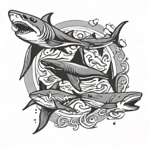 Salt Fish And Sharks And Manta Rays Swimming In A Circle